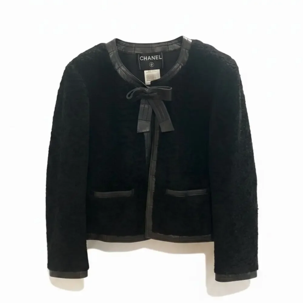 Chanel 2003 Lambskin Leather Bow Cropped Jacket Black Size 42